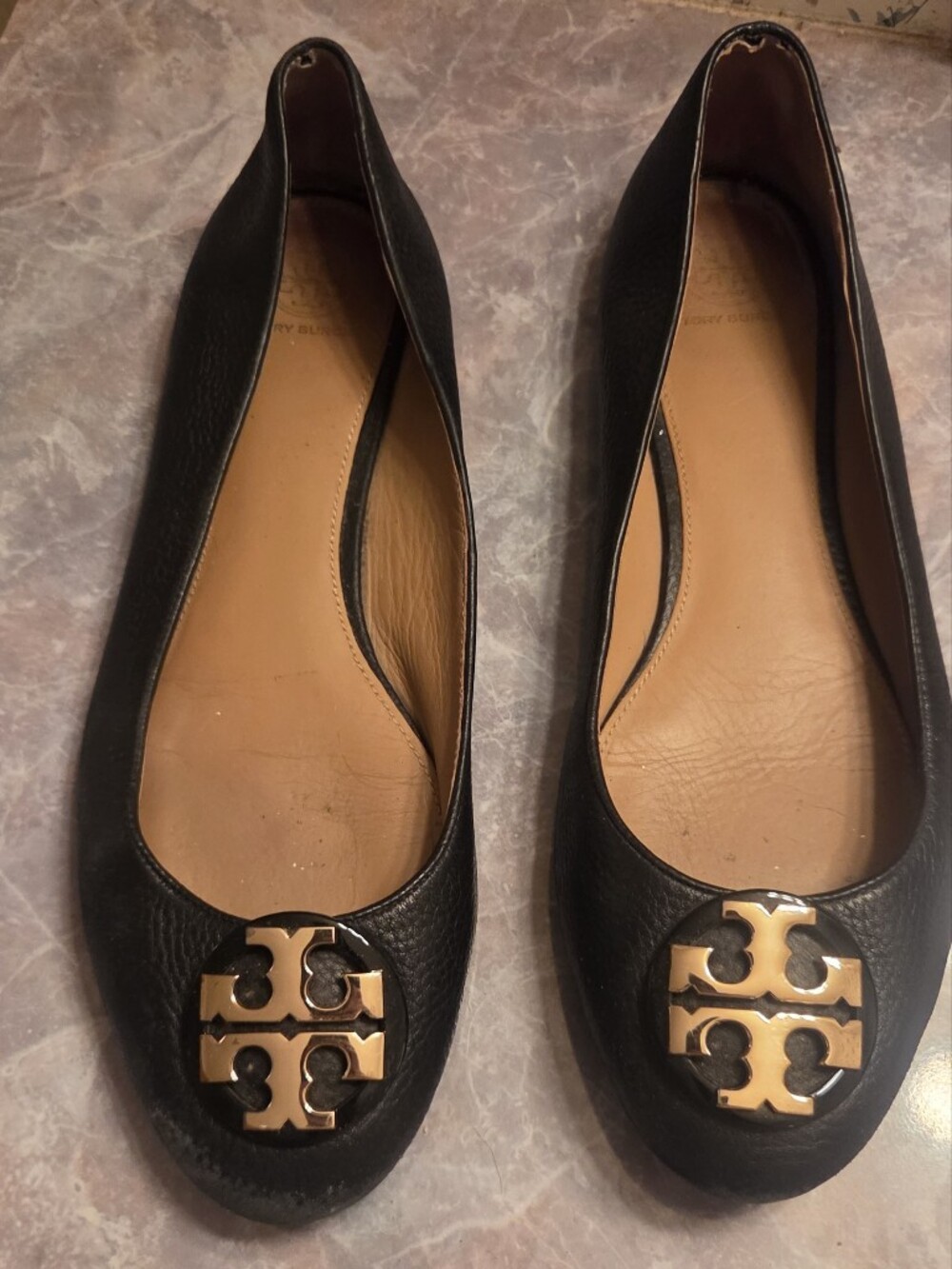 Tory Burch Black Leather Ballet Flats with Gold Logo Medallion